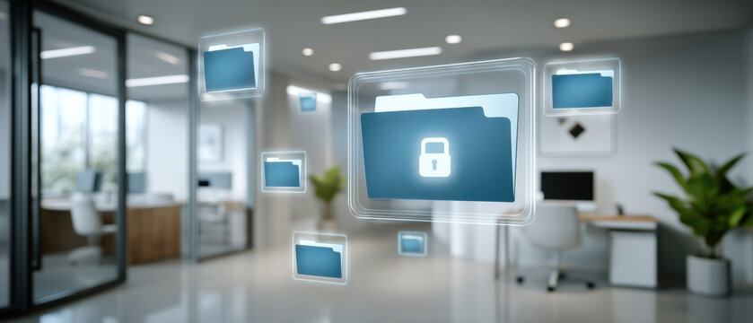 Secure office data security folder lock floating over modern workspace conveying protected file sharing and privacy assurance