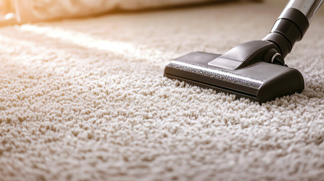 Closeup of vacuum nozzle cleaning bedroom carpet, detail shot, hygiene and freshness concept