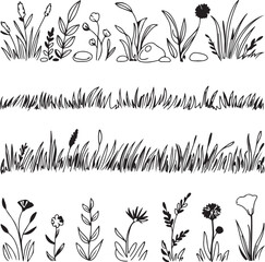 A collection of hand drawn botanical illustrations featuring grass and flowers in black
