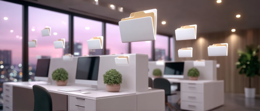 Modern office workspace with floating digital folder icons conveying data security and document organization at dusk