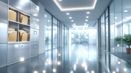 Modern office corridor with file cabinet data security files and soft lighting conveying calm professionalism and protection