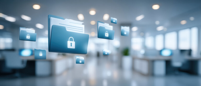 Secure file folder icons float office scene conveying data security and protected document sharing with blue folder symbols and soft bokeh lighting