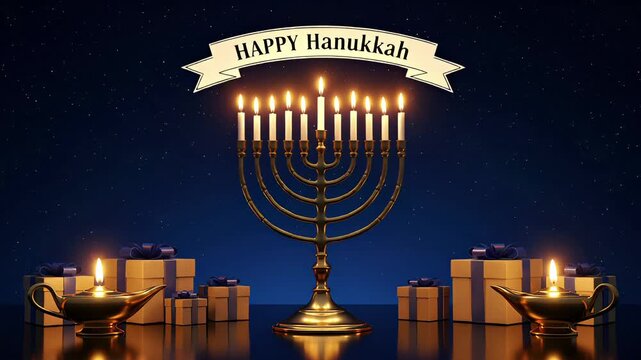 Happy Hanukkah Celebration With A Golden Menorah, Gift Boxes, Dreidels, And Shimmering Candles Under A Starry Sky