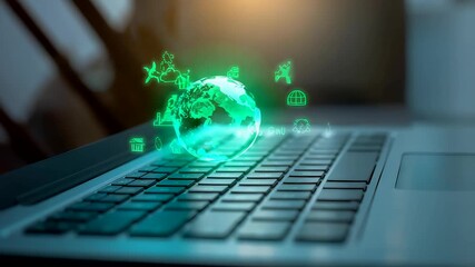 Glowing green digital globe floating above a laptop keyboard, highlighting global connectivity, modern technology, and the rise of eco-focused online innovation - Powered by Adobe