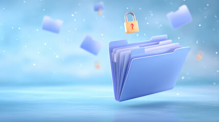 Secure blue folder with floating folders and padlock symbol illustrating data security and digital file protection