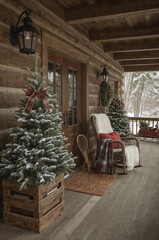 Cozy winter scene with decorated trees and a rocking chair on porch
