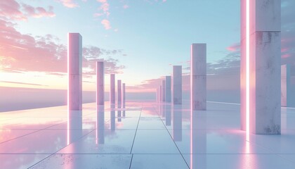 Abstract architectural landscape with modern columns reflecting light and sky hues