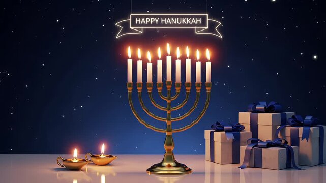 Happy Hanukkah Celebration With A Golden Menorah, Gift Boxes, Dreidels, And Shimmering Candles Under A Starry Sky