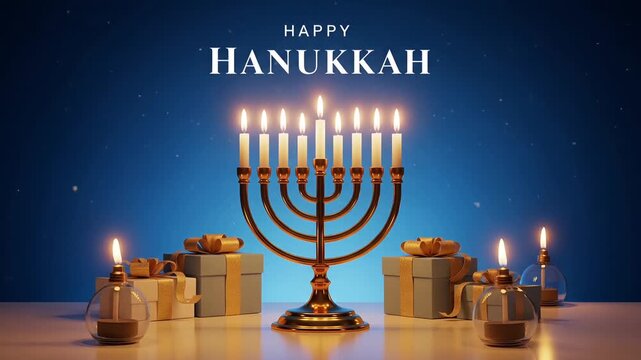 Happy Hanukkah Celebration With A Golden Menorah, Gift Boxes, Dreidels, And Shimmering Candles Under A Starry Sky