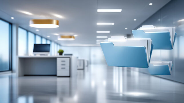 Blue file folders floating in modern office environment linking cloud data and security with calm lighting and minimal aesthetic