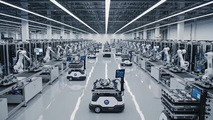 Robotic arms working on an automated factory assembly line. Female engineer monitors production with a tablet in a smart factory. Industry 4.0 and futuristic manufacturing technology - Powered by Adobe