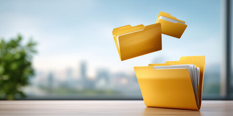 Digital folder and data security concept showing yellow folder with documents and floating folder over desk in office window view