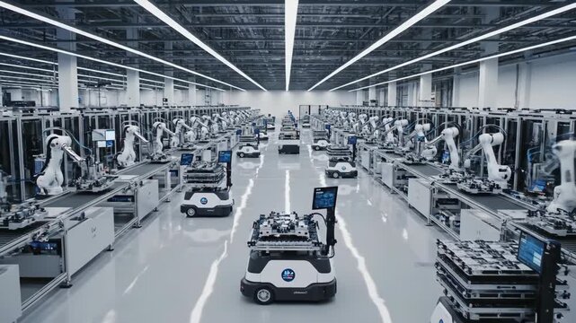 Robotic arms working on an automated factory assembly line. Female engineer monitors production with a tablet in a smart factory. Industry 4.0 and futuristic manufacturing technology