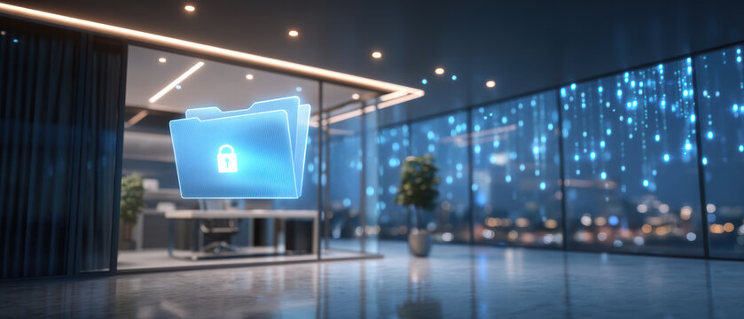 Secure digital folder and data security concept glowing hologram in modern office interior with city lights at night