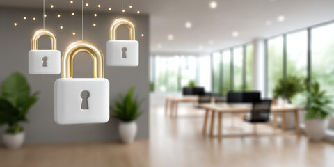 Secure modern office concept with hanging padlock icons symbolizing data security and privacy protection in bright workspace
