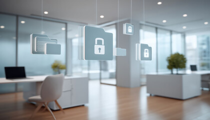 Secure data folder icon hovering in modern office conveying data security and cloud privacy protection with blurred workspace and laptop