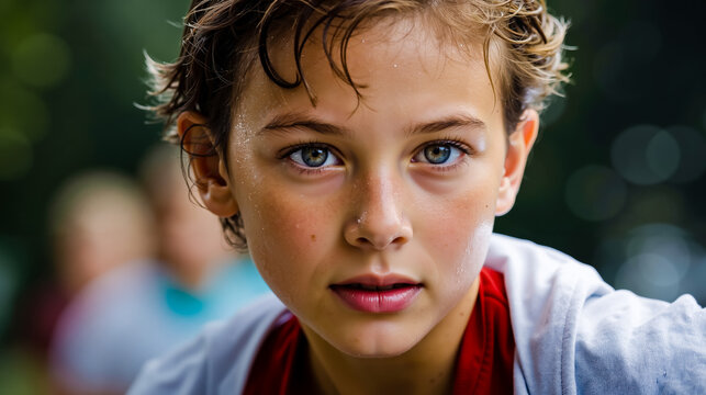 A young girl with wet hair and blue eyes looking to the side