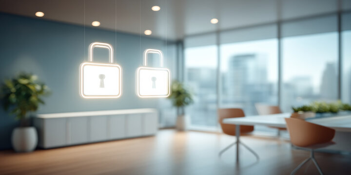 Secure office concept with glowing padlock icons data security and privacy protection in modern workspace feeling calm