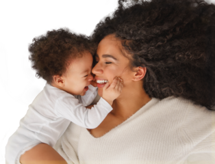Happy mother and baby isolated on transparent background. Loving family moment, motherhood, care, affection, laughter, and warmth concept for design, advertising, and creative projects.