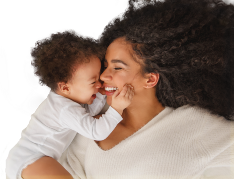 Happy mother and baby isolated on transparent background. Loving family moment, motherhood, care, affection, laughter, and warmth concept for design, advertising, and creative projects.