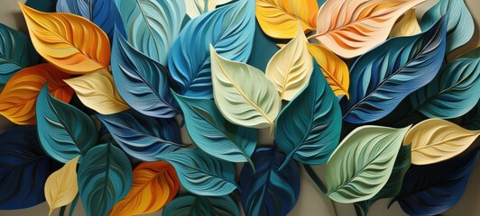 Colorful abstract leaf art display.