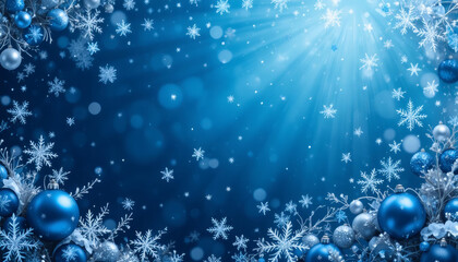 Blue and silver Christmas theme with snowflakes and baubles, cold winter aesthetic