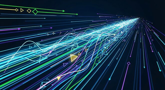 Abstract digital data stream with dynamic lines and geometric elements