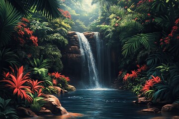 Tropical Rainforest with Exotic Plants and Waterfall Scene