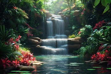 Lush Tropical Rainforest Waterfall Scene