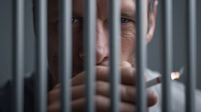 A pensive Caucasian man in his 30s gazes through bars, a cigarette in hand, evoking a mood of contemplation and confinement.