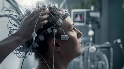 Patient undergoing advanced brain monitoring with multiple sensors attached while a medical professional adjusts the equipment in a modern clinical environment