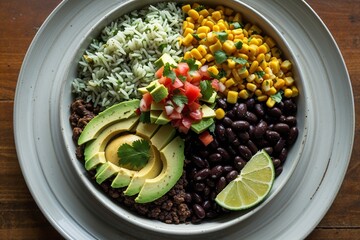 Colorful homemade vegetarian bowl with rice, beans, and toppings