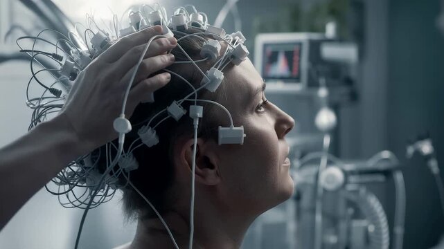 Patient undergoing advanced brain monitoring with multiple sensors attached while a medical professional adjusts the equipment in a modern clinical environment