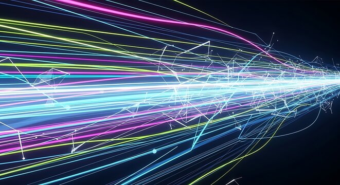 Abstract digital data stream with vibrant lines and connections on black