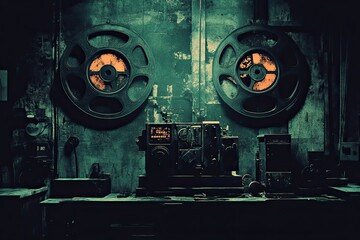 Vintage Film Projector with Reels in Dark Setting
