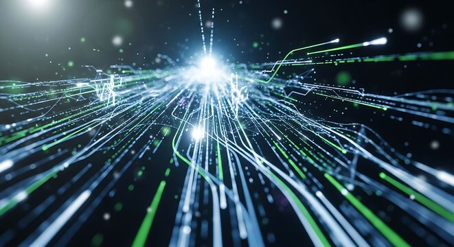 Abstract digital data streams flowing from bright light source in dark space