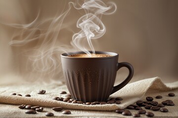Warm coffee cup with steam and scattered coffee beans on cloth
