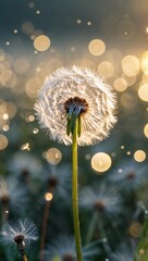 Dandelion in sunlight with dreamy morning bokeh
