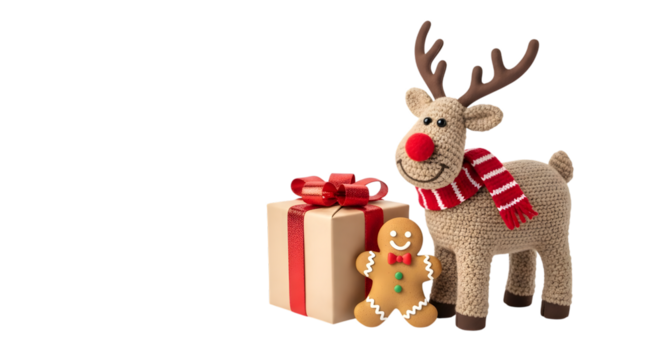 Christmas reindeer with gift and gingerbread man isolated on transparent background