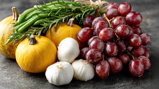 Fresh seasonal harvest showcases colorful vegetables and grapes arranged beautifully on a dark surface for a perfect autumn display