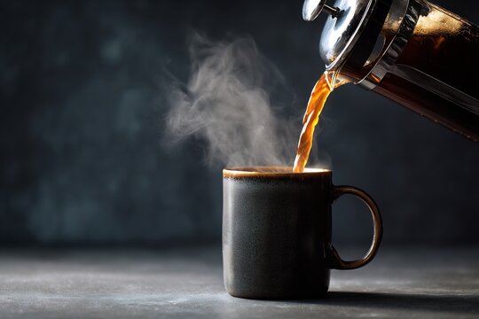  Fresh Black Coffee Pouring From A French Press Into A Ceramic Mug, Visible Steam Rising, Realistic Motion Splash, Cinematic Morning Light Reflections, Transparent Background For C