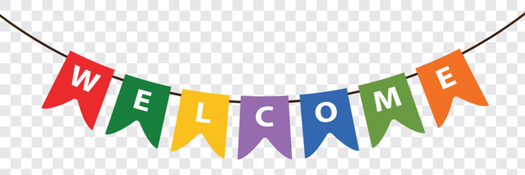 Welcome card or banner with typography design. Vector illustration with retro light bulbs font, streamers, confetti and hanging flag garlands. Welcome card concept, typography Best design. Eps 10.