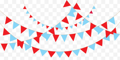 Obraz premium Multicolored triangular bunting flags arranged in a festive garland on transparent background. Colorful triangular bunting flags hang in rows, creating a festive and cheerful decoration. Vector Eps 10