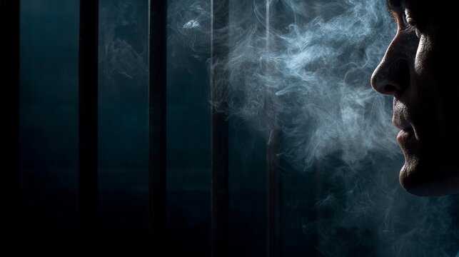 A contemplative middle-aged Caucasian man exhales smoke while looking through prison bars, capturing a moment of reflection.