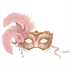 Fototapeta premium Elegant Venetian Mask with Pink Feathers and Roses for Celebration