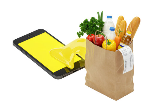 Black smartphone screen transforming into a rustic grocery bag overflowing with vibrant parsley, bell peppers, apples, bananas, baguette, milk, and water on white copy space. Concept of online