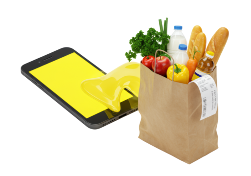 Black smartphone screen transforming into a rustic grocery bag overflowing with vibrant parsley, bell peppers, apples, bananas, baguette, milk, and water on white copy space. Concept of online