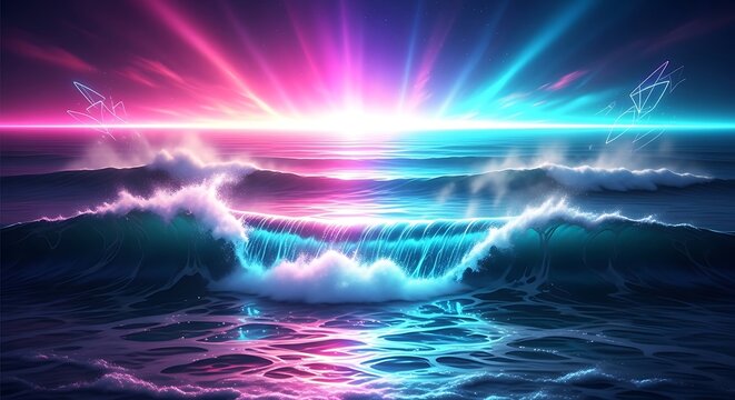 Vibrant glowing ocean waves at horizon, neon pink and blue light energy flow. illustration