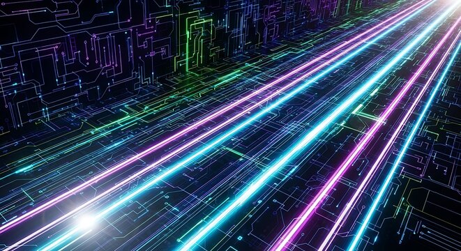 Abstract digital network with glowing neon lines and technological detail