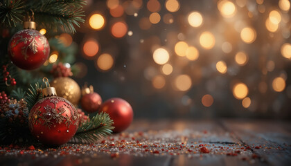 Christmas background with red and gold ornaments, pine branches, and bokeh lights, festive mood